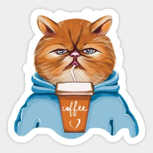 Cat with Coffee in blue hoodie Sticker